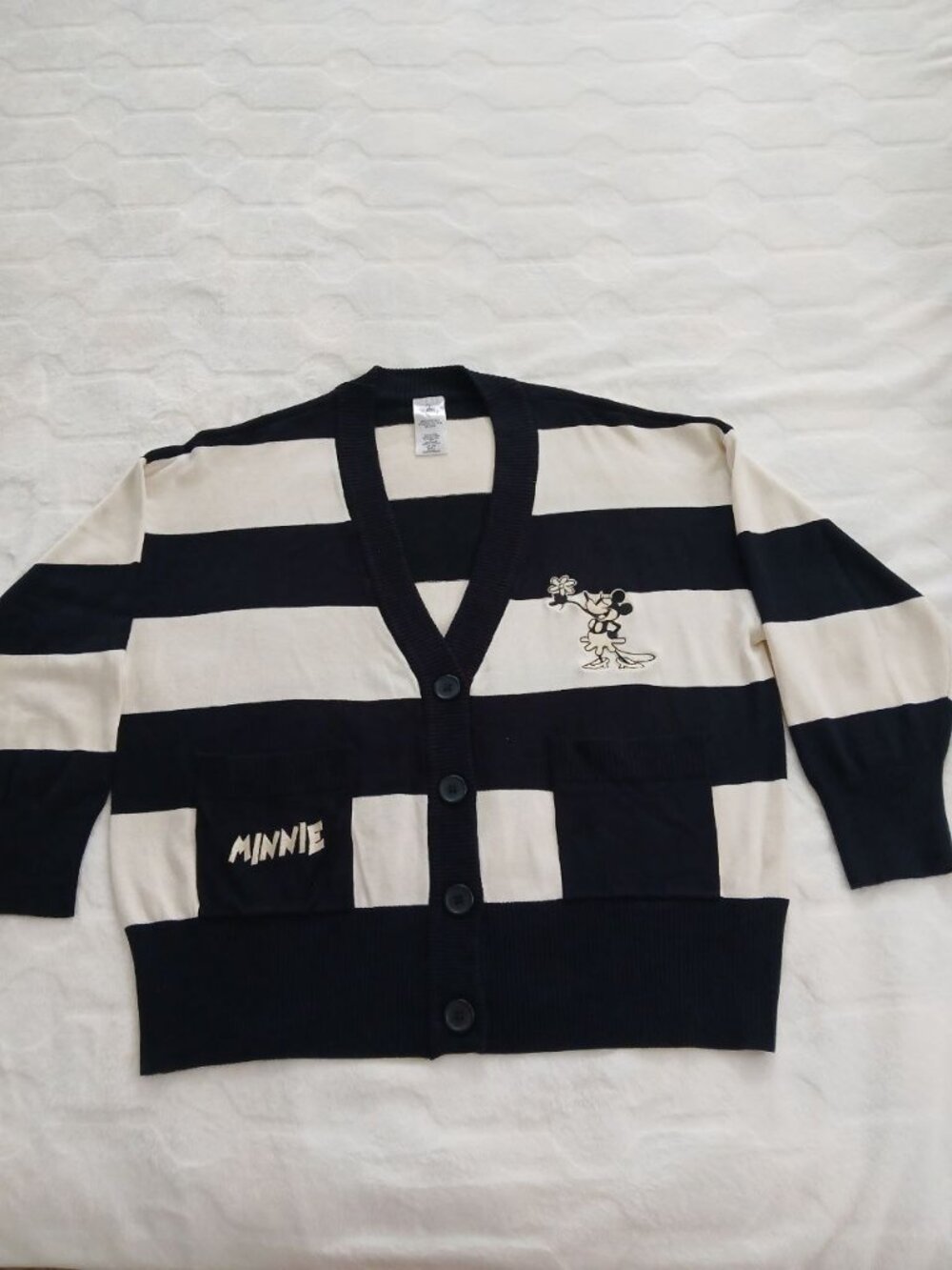 Disney Minnie Mouse Black & Cream Striped Cardigan Size L Like New